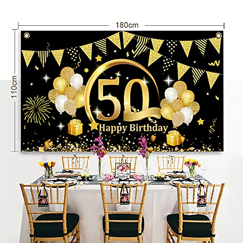 50 Años Decoración de Fiesta de Cumpleaños de Oro Negro, 50 Pancarta Feliz Cumpleaños Fondo Foto Cumpleaños, Póster de Tela Cartel Extra Grande para Hombre Mujer Materiales de Fiesta de Cumpleaños