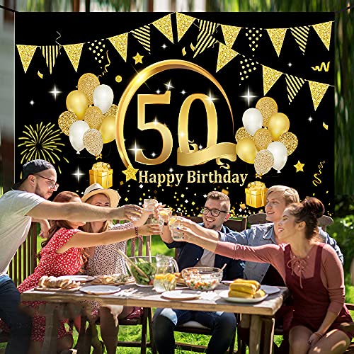 50 Años Decoración de Fiesta de Cumpleaños de Oro Negro, 50 Pancarta Feliz Cumpleaños Fondo Foto Cumpleaños, Póster de Tela Cartel Extra Grande para Hombre Mujer Materiales de Fiesta de Cumpleaños