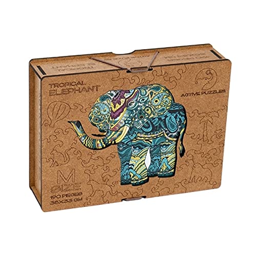 ACTIVE PUZZLES Puzzle de Madera de Elefante con Piezas únicas de Animales 33 x 37 cm 190 Piezas