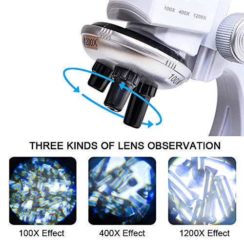 ALEENFOON Microscopio para niños de 1200 x 400 x 100 aumentos, kit de microscopio de ciencia para niños con luces LED, incluye soporte para teléfono, caja de plástico para principiantes y educación
