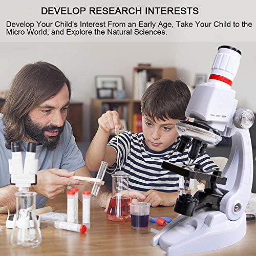 ALEENFOON Microscopio para niños de 1200 x 400 x 100 aumentos, kit de microscopio de ciencia para niños con luces LED, incluye soporte para teléfono, caja de plástico para principiantes y educación