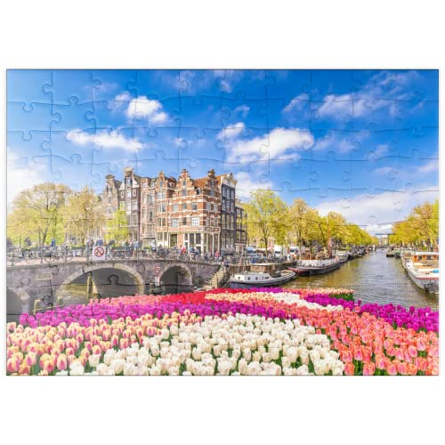 Ámsterdam, Silueta De La Ciudad En La Orilla del Canal con Tulipanes En Flor En Primavera - Premium 100 Piezas Puzzles - Colección Especial MyPuzzle de Puzzle Galaxy
