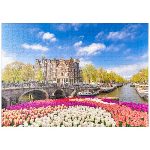 Ámsterdam, Silueta De La Ciudad En La Orilla del Canal con Tulipanes En Flor En Primavera - Premium 1000 Piezas Puzzles - Colección Especial MyPuzzle de Puzzle Galaxy