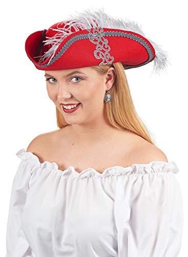 Andrea-Moden Sombrero de mujer para disfraz de pirata de muscetier, color rojo y gris – Fabuloso sombrero de fieltro de lana gris ornamentos accesorio pirata disfraz de pirata
