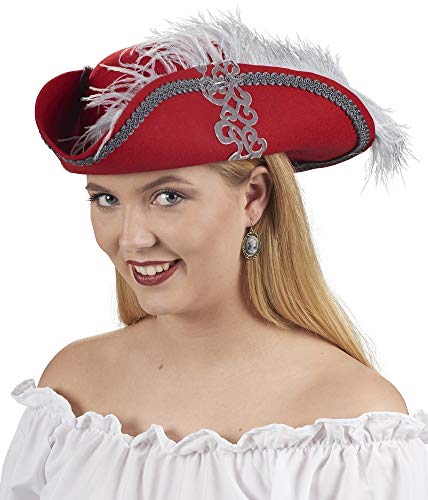 Andrea-Moden Sombrero de mujer para disfraz de pirata de muscetier, color rojo y gris – Fabuloso sombrero de fieltro de lana gris ornamentos accesorio pirata disfraz de pirata