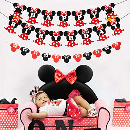 Artículos para la fiesta de Minnie Decoraciones de cumpleaños Rojo y negro para niñas, Cinta para la oreja, Banner de feliz cumpleaños y Guirnaldas para las decoraciones del 1 ° 2 ° cumpleaños
