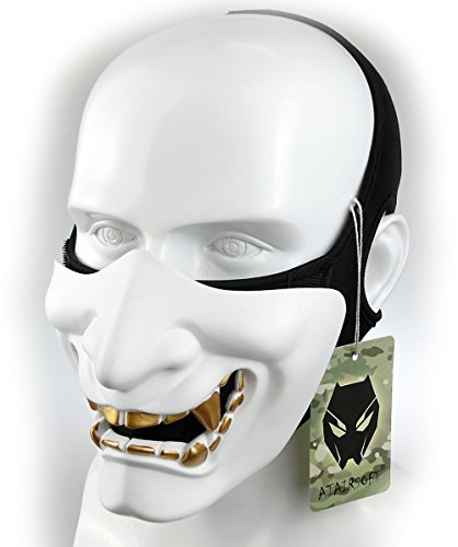 Atairsoft Máscara para disfraz de halloween, cosplay, BB, demonio, diablo, monstruo, kabuki, samurái, hannya, oni, máscara que cubre la mitad de la cara, para airsoft, películas, Blanco