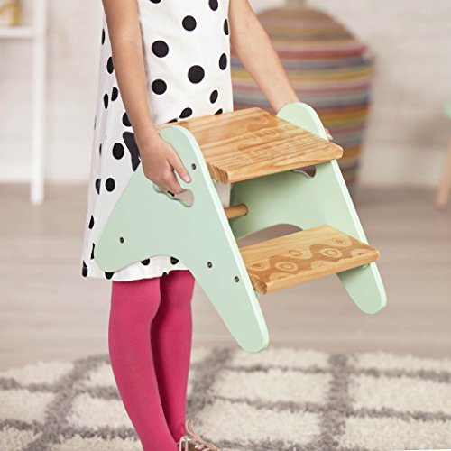 B toys - Peek-A-Boost - Taburete de madera - Taburete de dos pasos para niños pequeños (menta y madera natural)