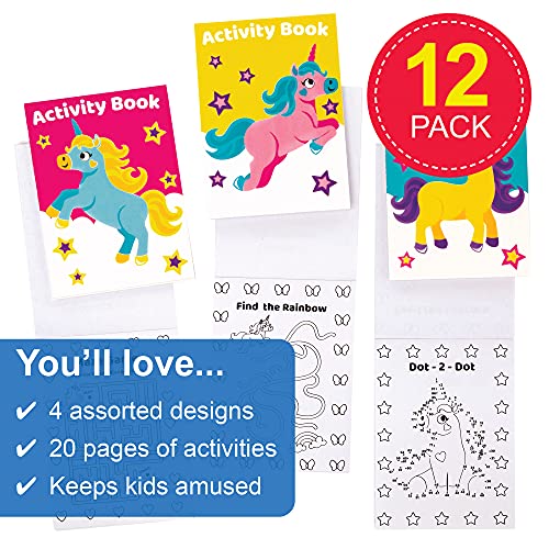 Baker Ross FE542 Mini Libro de Actividades de Unicornio - Paquete de 12, incluye rompecabezas, pegatinas, punto a punto y páginas para colorear para niños