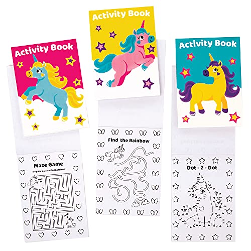 Baker Ross FE542 Mini Libro de Actividades de Unicornio - Paquete de 12, incluye rompecabezas, pegatinas, punto a punto y páginas para colorear para niños