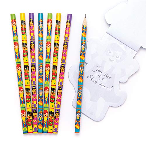 Baker Ross- Lápices de superhéroes (Pack de 8) Ideal para estuches de lápices para niños, Perfecto para bolsas sorpresa, regalitos de fiesta de Halloween, relleno de piñata o regalo de cumpleaños