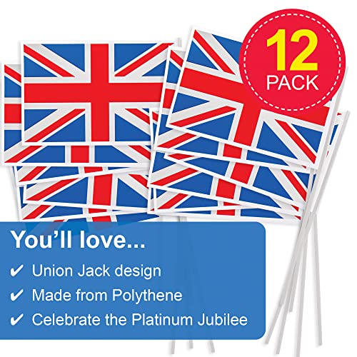Baker Ross Union Jack Banderas pequeñas, paquete de 12 unidades, Queens Platinum Jubilee 2022 Street Party Supplies, (PJ145)