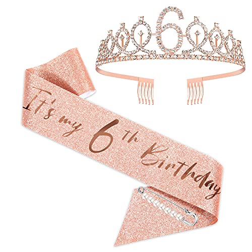 Banda y tiara de sexto cumpleaños para niñas, corona de banda de cumpleaños de oro rosa, 6 fabulosas fajas y tiara, sexto regalo de cumpleaños para felices fiestas de sexto cumpleaños