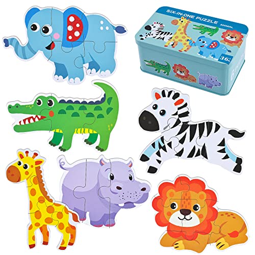 BBLIKE juguetes montessori Puzzle infantil para niños, puzle de Madera, 6 Pack Rompecabezas Puzzle Juguetes Bebes para Niños de 1 2 3 4 5 Años Montessori Educativos Regalos 3D Patrón Puzles (animales)