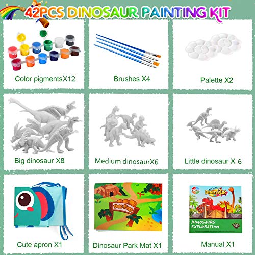 Bdwing Juego de Dinosaurios de Pintura Kit para Niños y Niñas, Pintando y Creativo DIY Juguetes 3D de 42 Piezas , Figuras de Dinosaurios Kit Manualidades para 4 5 6 7 8 9 Niños