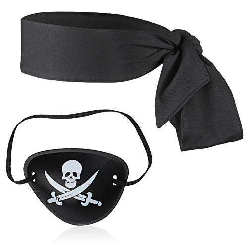 Beelittle 4 Piezas Juego de Accesorios para Disfraz de capitán Pirata Lazo Rojo Cabeza Pañuelo Envoltura Bandana Pirata Parche en el Ojo Collar con aretes Dorados Kit de Accesorios para Piratas (F)
