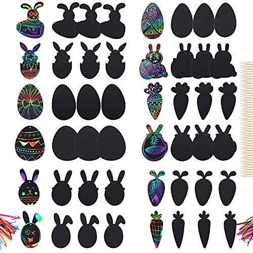 BETESSIN 48 Pcs Papel para Rascar Pascua Manualidad para Niños con Cintas y Lápices Dibujos Láminas Mágicos Conejos Huevos de Pascua Scratch Art Paper Dibujar Escribir para Fiesta de Pascua