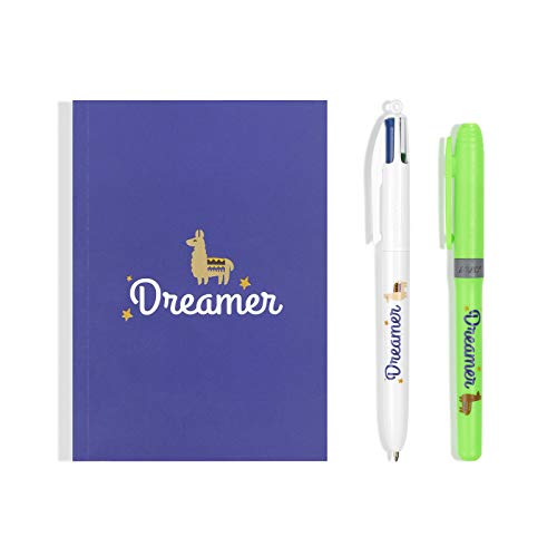 BIC My Message Kit Dreamer - Juego de Escritorio con 1 BIC 4 colores Bolígrafo, 1 BIC Highlighter Grip Bolígrafo (Verde), 1 Libreta Tamaño A6 (Blanca), Pack de 3
