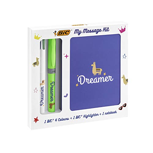 BIC My Message Kit Dreamer - Juego de Escritorio con 1 BIC 4 colores Bolígrafo, 1 BIC Highlighter Grip Bolígrafo (Verde), 1 Libreta Tamaño A6 (Blanca), Pack de 3