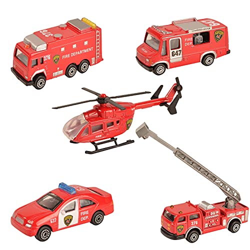BOHS 5 Piezas - Vehículos Rescate del Departamento Bomberos - Fundiciones en Miniatura Metal - Camiones Bomberos con Escalera aérea, helicóptero Rescate, camión Bomberos con Tanque Agua, patrullas
