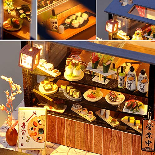 Casa de muñecas de estilo japonés en miniatura con muebles, kit de casa de muñecas de madera, sala creativa con luz LED (Sakura Sushi)
