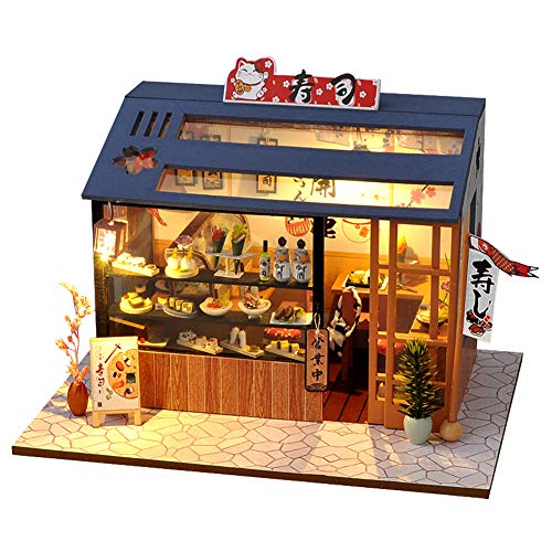 Casa de muñecas de estilo japonés en miniatura con muebles, kit de casa de muñecas de madera, sala creativa con luz LED (Sakura Sushi)