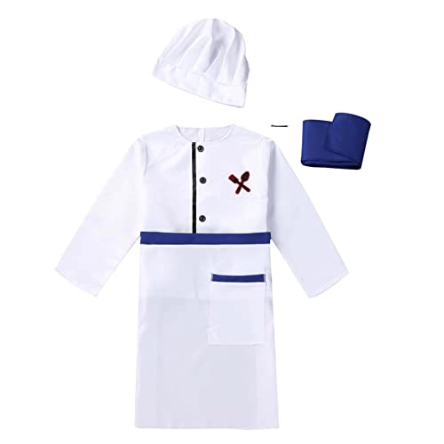 CHICTRY 3Pcs Cosplay Uniforme Chef de Cocina Baker Disfraz de Cocinero Abrigo Trajes Chaqueta con Delantal Sombreros Restaurante Camarera para Niño Niña Unisex Azul 11-12 años