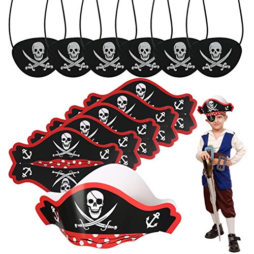 CHIFOOM Accesorios para Niños Piratas 6pcs Tarjetas de Sombrero Pirata y 6pcs Máscaras de Ojos Piratas para Tema Pirata Fiesta de Cumpleaños a Niños Maquillaje Fiesta Accesorios de Fotos