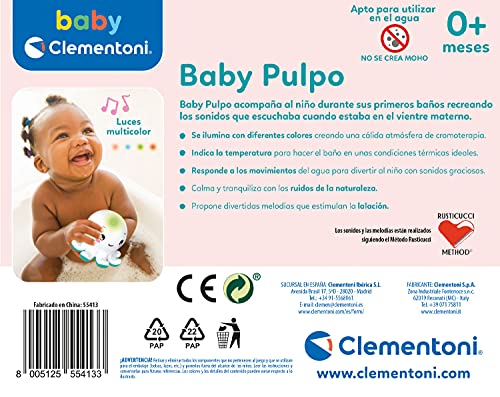 Clementoni - Pulpo Baby, juego de baño, bebé 6 meses, juguete en español (55413)