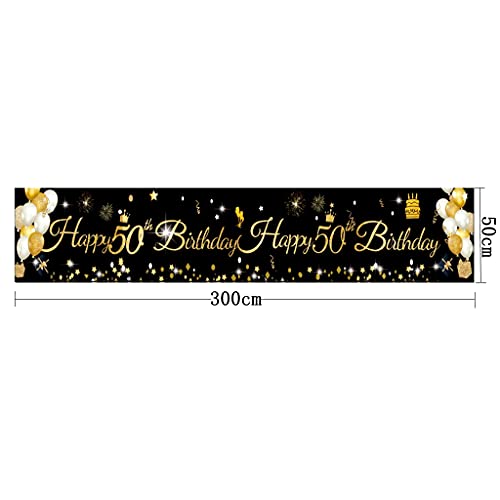 Conruich Banner extralargo para 50 cumpleaños, color negro dorado, feliz cumpleaños, decoración para fiesta cumpleaños, cartel tela extra grande para hombres, mujeres adultos, 50 cumpleaños decoración