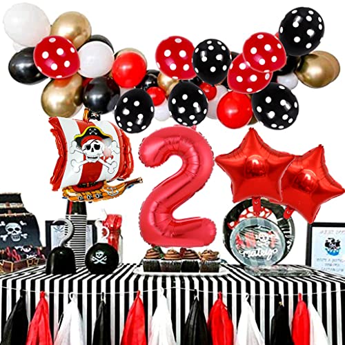 Conruich Juego de globos de barco pirata para 2º cumpleaños para niños, globos gigantes de papel de aluminio con números 2, decoración de fiesta pirata para 2 años, decoración de cumpleaños infantil