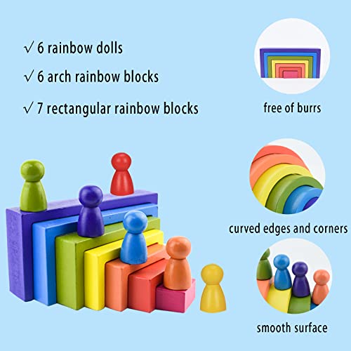 Coriver Juguetes de madera-19 bloques de construcción coloridos, 3 en 1 juguete apilable de arco iris de madera, juguetes educativos Montessori para niños y niñas 1 2 3 4 años de edad cumpleaños