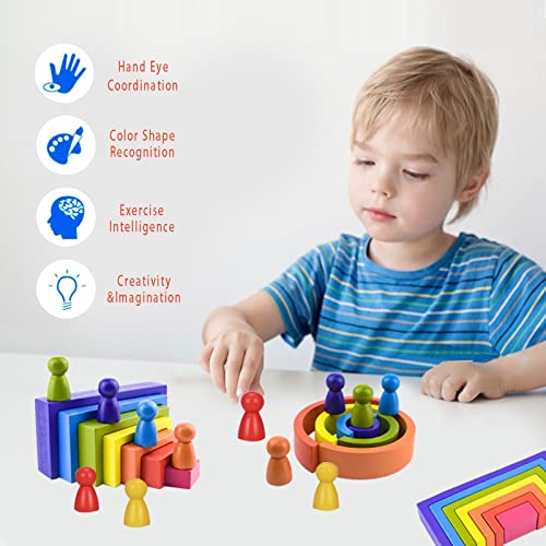 Coriver Juguetes de madera-19 bloques de construcción coloridos, 3 en 1 juguete apilable de arco iris de madera, juguetes educativos Montessori para niños y niñas 1 2 3 4 años de edad cumpleaños