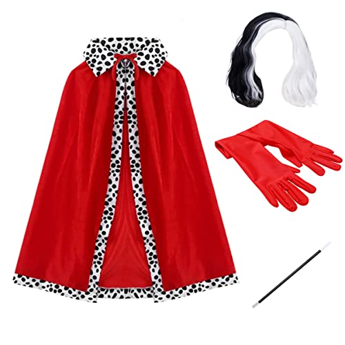 Cruella Deville Cape - Lote de 4 guantes para disfraz de disfraz para niños y adultos, para Halloween, Cosplay o fiesta de cumpleaños, vestido, Erwachsene, Talla única
