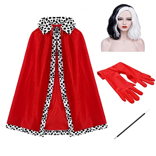 Cruella Deville Cape - Lote de 4 guantes para disfraz de disfraz para niños y adultos, para Halloween, Cosplay o fiesta de cumpleaños, vestido, Erwachsene, Talla única