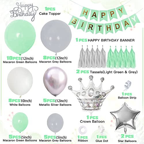 Decoraciones cumpleaños verdes, globos verde pastel pancarta HAPPY BIRTHDAY globos gris verde macarrón globos blancos globos plateados metálicos globos estrella corona
