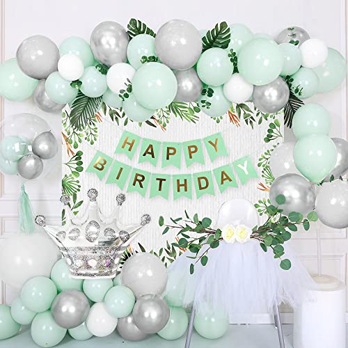 Decoraciones cumpleaños verdes, globos verde pastel pancarta HAPPY BIRTHDAY globos gris verde macarrón globos blancos globos plateados metálicos globos estrella corona