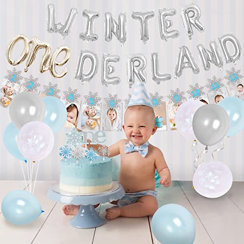 Decoraciones de cumpleaños de invierno de Onederland para niño Fiesta de 1er cumpleaños de invierno Onederland Balloons Snowflake Photo Banner para decoraciones de primer cumpleaños de invierno