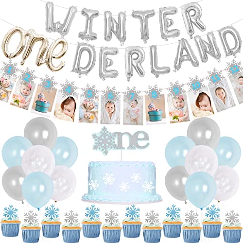 Decoraciones de cumpleaños de invierno de Onederland para niño Fiesta de 1er cumpleaños de invierno Onederland Balloons Snowflake Photo Banner para decoraciones de primer cumpleaños de invierno