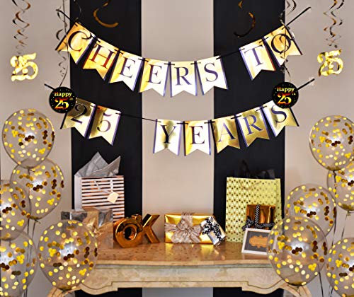 Decoraciones de fiesta de 25 años y kit de aniversario – Pancarta Cheers to 25 Years, globos, serpentinas y suministros para la Fiesta Confeti.