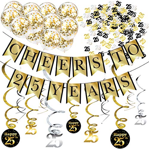 Decoraciones de fiesta de 25 años y kit de aniversario – Pancarta Cheers to 25 Years, globos, serpentinas y suministros para la Fiesta Confeti.