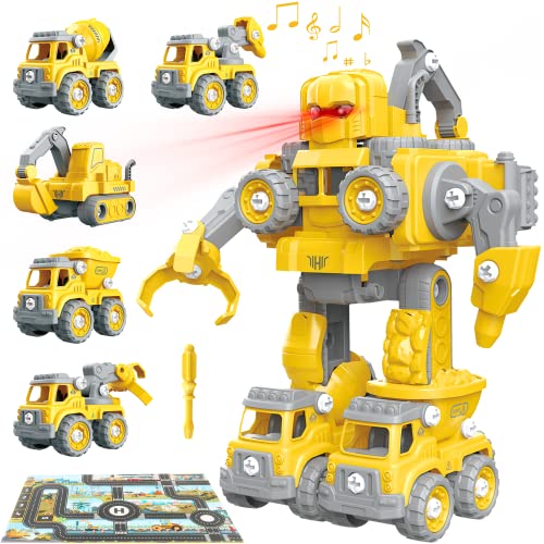 Desmontar Juguetes 5 en 1 Robot Camión Vehículo Juego de Alfombrilla de Juego de Juguete Construcción de Coche Juguetes Transform Camiones Push and Go Regalos para niños de 3 4 5 6 7 8 años