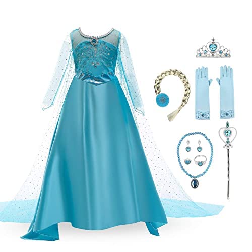 discoball Elsa - Vestido de princesa para niña con diseño de reina de hielo, manga larga, plisado, color azul (con accesorios)