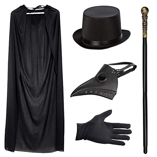 Disfraz de médico de la peste negra, retro, con antifaz con pico de ave de piel, con chistera negra, bastón, capa negra con capucha, guantes negros