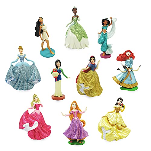 Disney Store: Juguete con 10 Figuras, Princesas en Sus Vestidos clásicos con Adornos de Purpurina, Incluye muñecas de Bella, la Princesa Jasmine, La Cenicienta y más, Adecuado para Mayores de 3 años