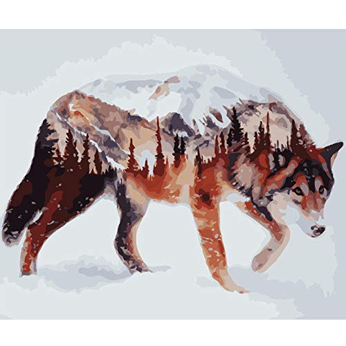 DIY Pintura por Números,adultos y niños usan pinceles y pintura para pintar digitalmente,adecuado para regalos y decoraciones,Lobo solitario en la nieve(16 * 20 pulgadas, sin borde)