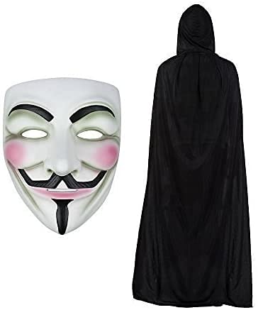 Dreamzfit - V for Vendetta Guy Fawkes - Kit de disfraz para disfraz de pirata informático anónima + capa negra con capucha para adultos, unisex, Halloween, carnaval, accesorio de vestido de fiesta