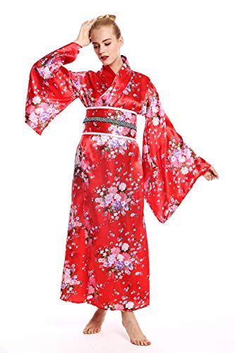 dressmeup - W-0289 Disfraz mujer feminino Halloween quimono kimono Geisha Japón japonaise Chine rojo flores de cerezo Talla M