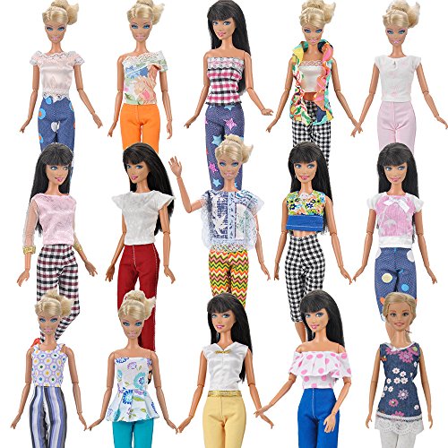 E-TING 7 sets = 14 artículos 7 ropa traje 7 pantalones pantalones para muñeca Barbie