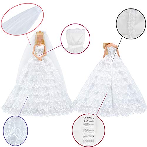 E-TING Princess Doll Wedding Gown Dress Lace Floral Dress Embroidery Barbie Clothes Cinderella Evening Party Outfit Set + Veil Set For Barbie Doll---Best Gift for your girls